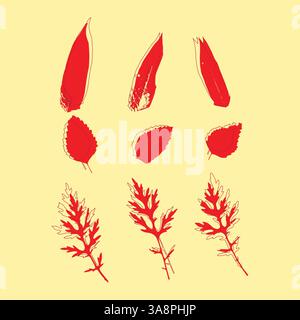 Red Botanical Leaf Vector Set on Yellow Background – Nature-Inspired Digital Illustration Stock Vector