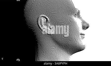 Portrait of smiling man. Abstract digital human head constructing from cubes. Technology and robotics concept. Voxel art. 3D vector illustration for p Stock Vector