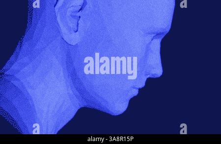 Abstract man head made from dots. Side view of dotted face background. Facial recognition. 3D vector illustration. Stock Vector