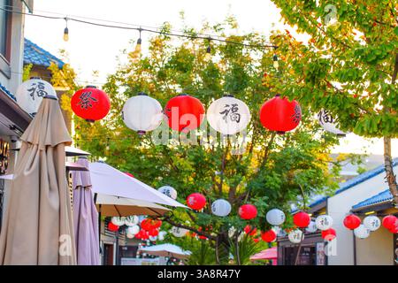 Los Angeles, California - December 4, 2024: Colorful paper lanterns illuminated against a backdrop of lush greenery and soft sunlight create a festive Stock Photo