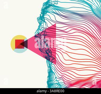 Array with dynamic emitted particles. 3d technology style. Abstract background. 3D illustration for brochure, poster, presentation, flyer or banner. Stock Vector