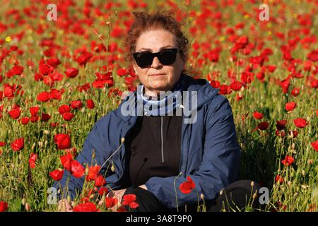 Portrait of a woman wearing sunglasses sitting in a poppy field, Spain Stock Photo