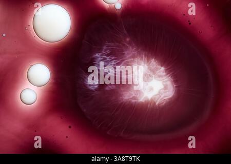 Abstract macro photo of oil, milk and ink mixing in water. White bubbles float over a dark red fluid with glowing light. futuristic design Stock Photo