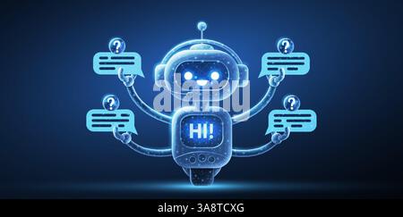 Customer service robot on blue. Chatbot assistant, AI bot, digital character Stock Vector
