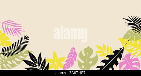Beautiful vector illustration of tropical leaves in black, pink, yellow, and green on a beige background, minimalist design. Stock Vector