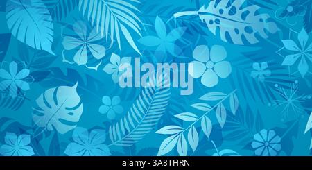 A vibrant vector illustration featuring tropical leaves and flowers in rich blue tones, perfect for summer-themed designs. Stock Vector