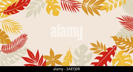 Vector illustration with decorative border composed of vibrant tropical leaves in shades of red, orange, and yellow, arranged in a circular pattern on Stock Vector