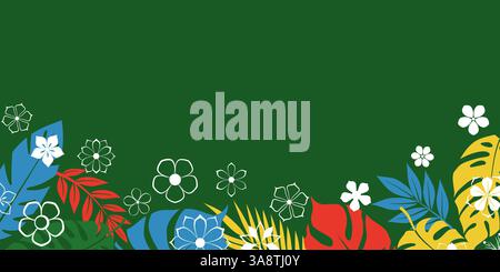 A vibrant vector illustration featuring tropical flowers and lush leaves set against a green background. Stock Vector