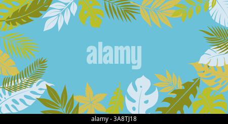 Vector illustration of tropical leaves framing a blue background, with vibrant colors and detailed foliage. Stock Vector
