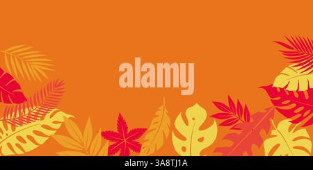 Detailed vector illustration of tropical leaves in warm colors, featuring red, orange, and yellow hues, arranged in a decorative border. Stock Vector