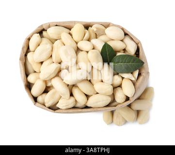Peeled peanuts in paper bag isolated on white, top view Stock Photo
