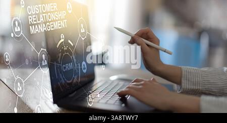 Customer Relationship Management System Visualization with Network Connections and Data Analytics. Stock Photo