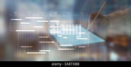 Project Management and Workflow Scheduling Illustrated on a Digital Gantt Chart Interface. Stock Photo