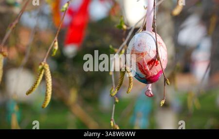 Colourful Easter egg decorated by a child hanging on birch branches with buds and lambs. Simple DIY Easter creative idea. Close up of a homemade Easte Stock Photo