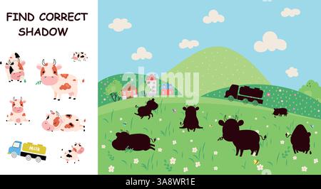 Find correct elements on farm landscape. Children puzzle game with cartoon cows on meadow and truck on hills. Educational game vector template Stock Vector