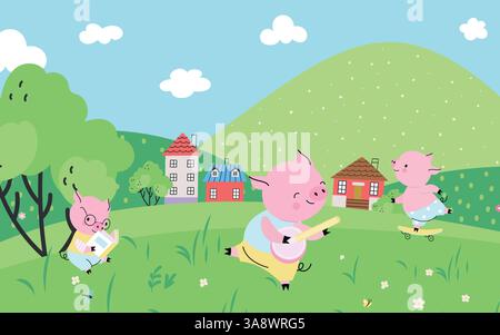 Three pigs plays on meadow. Cartoon pig reading book, dancing and skateboard riding. Fairy tale farm landscape with green valley, houses, vector Stock Vector