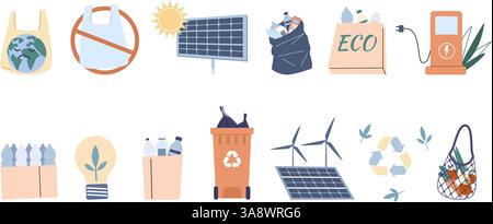Zero waste and eco friendly elements. Isolated plastic bag, reusable shopping bags, garbage container solar panels and windmills. Flat vector icons Stock Vector
