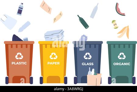 Sorting waste special street containers. Bins for plastic paper glass and organic trash. Banana peel, glass bottles, apple, sheets, vector concept Stock Vector