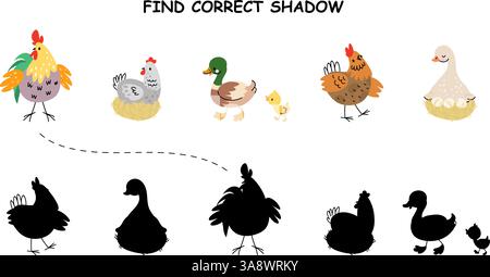 Kids puzzle game with cartoon farm birds. Find correct shadow of chicken hen rooster and duck with duckling. Educational play vector template Stock Vector