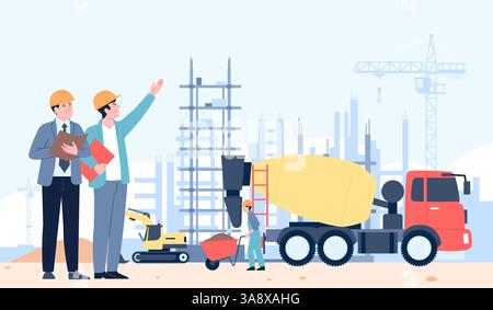 Construction ground. Architects and builder, flat spesial transport. Build work on buildings, new district or town. Working process recent vector Stock Vector