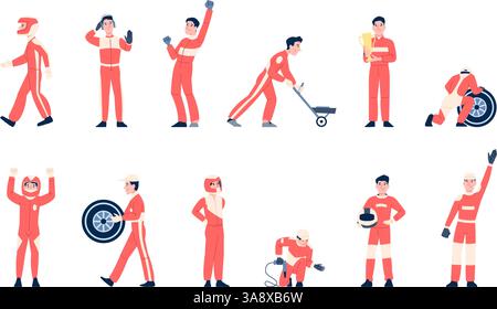 Pit stop mechanics. Racing engineers with tools and racers in uniform. Flat professional crew for race championship, technicians team recent vector Stock Vector