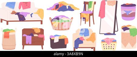 Messy clothes piles. Scattered things on sofa chair, dirty jacket on mirror. Folded stacks on floor, full woven laundry basket, racy vector clipart Stock Vector