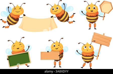 Bees signboard. Cartoon honey bee hold empty white sign, funny honeybee mascot with blank banner for school text or ad promotion billboard, study mascot neat vector illustration original artwork Stock Vector