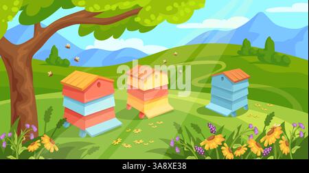 Apiary landscape. Wooden beehive bee house in garden, beekeeping honey farm countryside cartoon background honeybee workers fly at hive rural meadow field, neat vector illustration original artwork Stock Vector