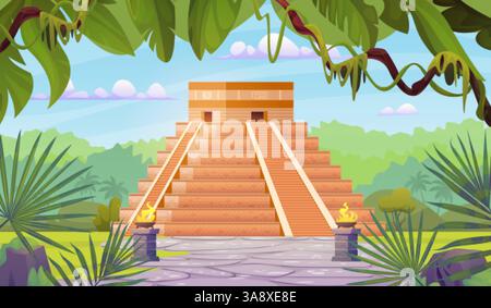 Mayan pyramid. Aztec temple ruins in jungle, chichen itza mexico ancient world monument maya civilization destination mexico peru stone pyramids, cartoon swanky vector illustration original artwork Stock Vector