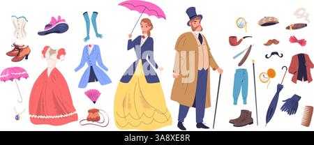 Victorian people accessories. 19th century person supply, vintage clothes elegant lady dress corset dandy gentleman cane hat outerwear fedora umbrella, classy vector illustration original artwork Stock Vector