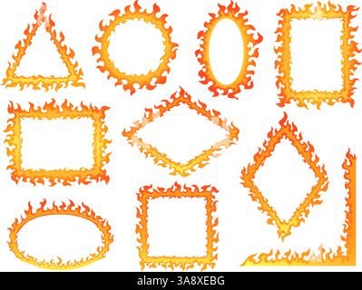 Cartoon flame borders. Fire frames shapes, burn bonfire line devil circle hot ring burning loop blaze border geometric frame hell heat flaming effect, set tidy vector illustration original artwork Stock Vector