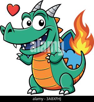 Cute cartoon dragon breathing fire vector illustration. Stock Vector