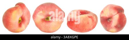 Set flat peaches from different angles isolated on white background. Stock Photo