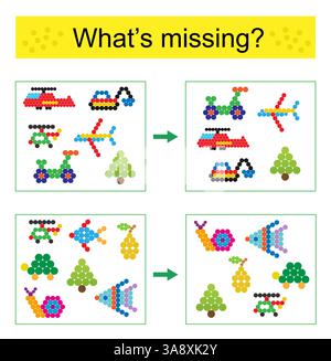 Puzzle game for kids. Task for the development of attention and logic for children. Find the missing object. Vector illustration. Stock Vector
