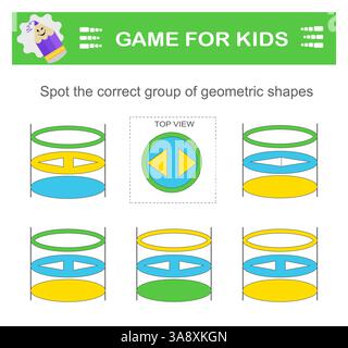 Find the correct group of geometric shapes. Logical game. Attention tasks for children. Printable worksheet. Stock Vector