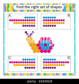Logic puzzle for children. Find the correct set of cartoon snail. Vector illustration. Answer is D. Stock Vector