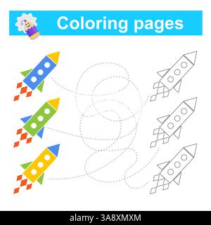 Educational game for children. Go through the maze and color the cartoon rocket according to the pattern. Vector illustration. Stock Vector
