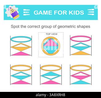 Find the correct group of geometric shapes. Logical game. Attention tasks for children. Printable worksheet. Stock Vector