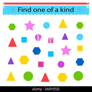 Educational game for kids. Need to find one of a kind geometric shape. Visual intelligence. Vector illustration. Stock Vector