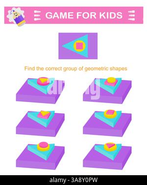 Find the correct group of geometric shapes. Logical game. Attention tasks for children. Printable worksheet. Stock Vector