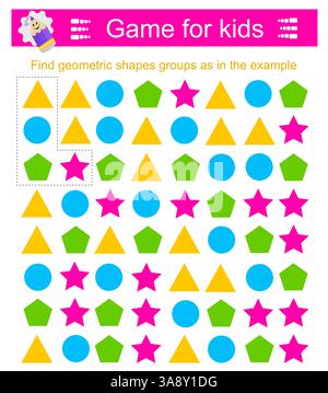 A game for children. Find geometric shapes groups as in the example. Attention tasks for children. Stock Vector