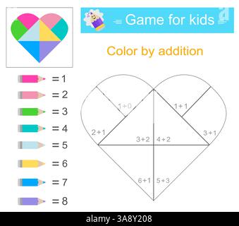 Color by addition. Math activity for kids. Developing numeracy skills. Number range up to 10. Stock Vector