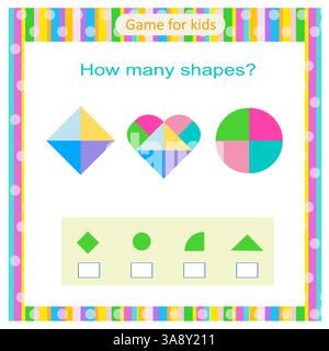 Educational game for kids. Count how many triangles, squares, circles. Stock Vector