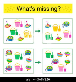 Puzzle game for kids. Find the missing object. Cartoon toys. Vector illustration. Stock Vector