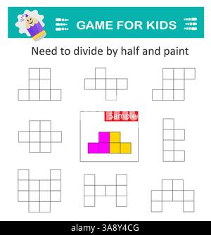 Logical puzzle game. Attention tasks for children. Need to divide by half and paint. Stock Vector