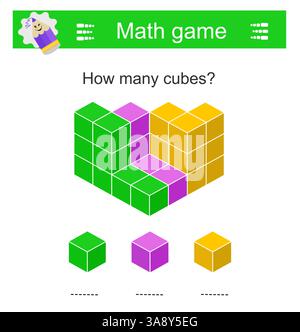 Mathematical game for Preschool children. Count how many red, yellow, green cubes and write the result. Stock Vector