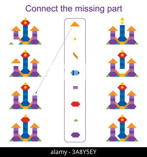 Connect the missing part. Educational game for kids. Children activity sheet. Vector illustration. Stock Vector