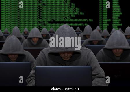 The troll factory. Hackers are sitting at laptops and computers on an abstract background, attacking and hacking corporate servers with a virus, a pla Stock Photo