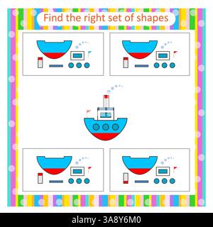Educational logical game for children. Need to find the correct set of shapes. Educational material. Preschool worksheet activity. Stock Vector