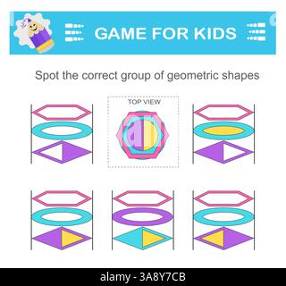 Find the correct group of geometric shapes. Logical game. Attention tasks for children. Printable worksheet. Stock Vector
